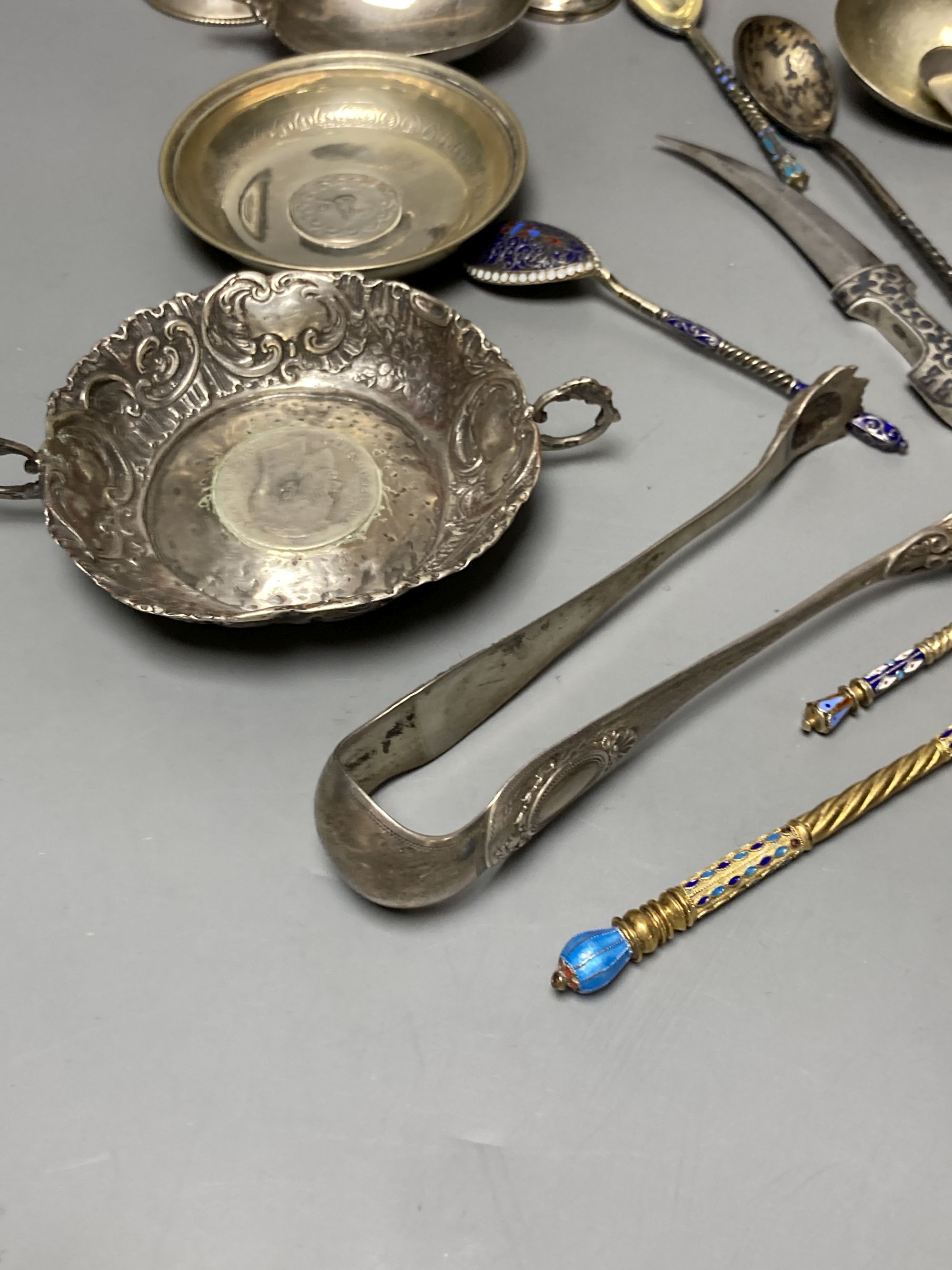 A small quantity of Russian style metal items including spoons (some with enamel) dishes, bowl etc.